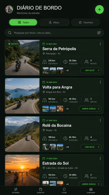 Ride journal: cards for past rides in Rio de Janeiro state, each with a photo, date, distance, duration and number of motorcycles.